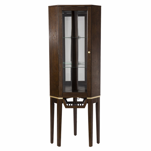 Homeroots Fancy Tall Lighted Corner Curio Cabinet  Poplar,Eng Wood,Birch Ven,Mirror,Temp Glass 401688