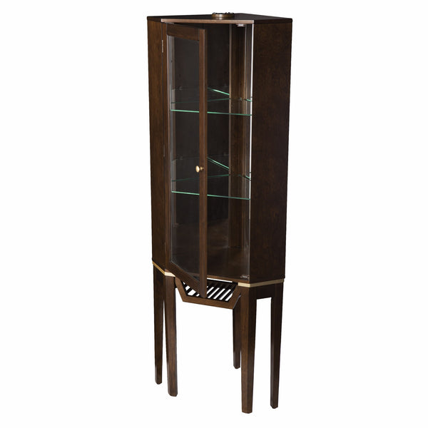 Homeroots Fancy Tall Lighted Corner Curio Cabinet  Poplar,Eng Wood,Birch Ven,Mirror,Temp Glass 401688