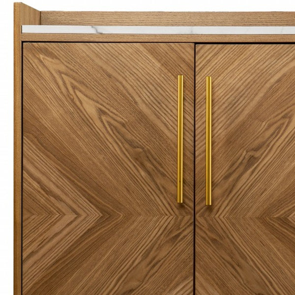 Homeroots Retro Gold Natural And Faux Marble Wine Cabinet  Eng Wood,Oak ,Birch ,Pine,Paper Veneer,Iron 401689