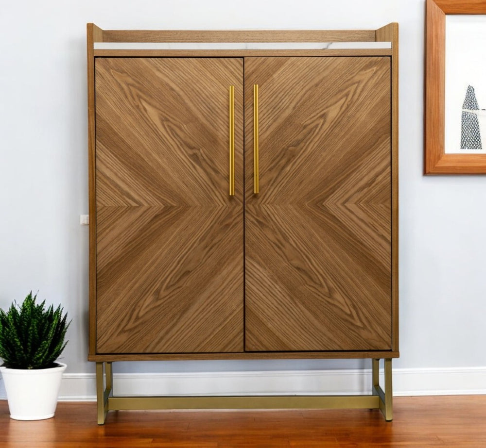 HomeRoots Retro Gold Natural Marble Wine Cabinet - Stylish Midcentury Design with Storage for Wine & Glassware 401689