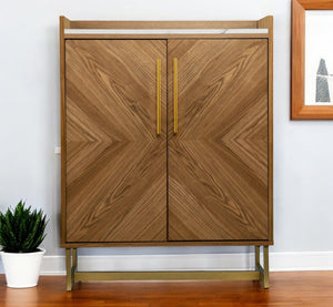 HomeRoots Retro Gold Natural Marble Wine Cabinet - Stylish Midcentury Design with Storage for Wine & Glassware 401689