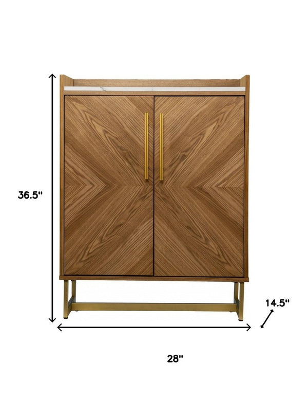 HomeRoots Retro Gold Natural Marble Wine Cabinet - Stylish Midcentury Design with Storage for Wine & Glassware 401689