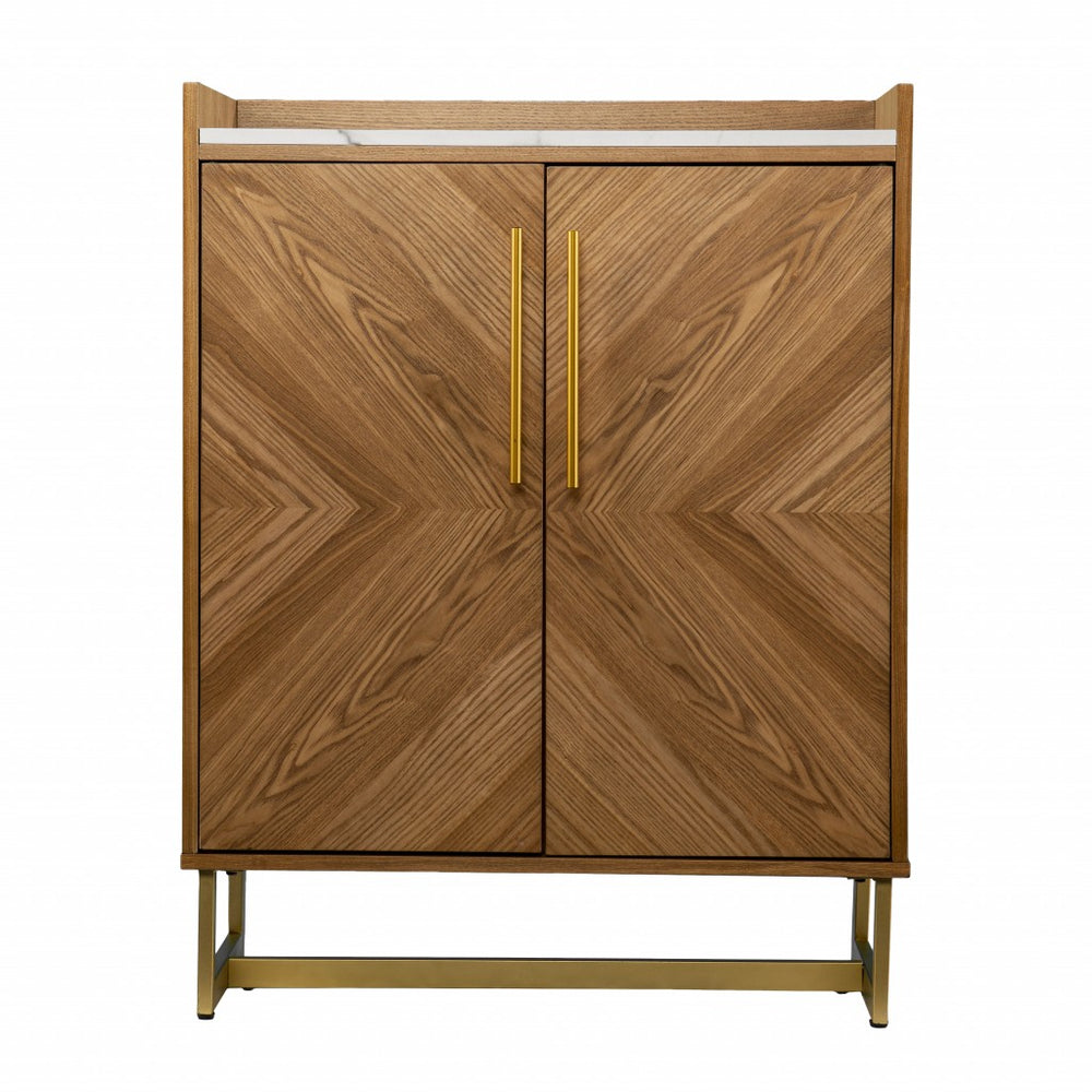 Homeroots Retro Gold Natural And Faux Marble Wine Cabinet  Eng Wood,Oak ,Birch ,Pine,Paper Veneer,Iron 401689