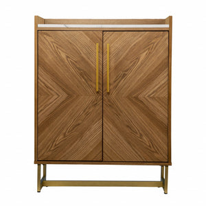 Homeroots Retro Gold Natural And Faux Marble Wine Cabinet  Eng Wood,Oak ,Birch ,Pine,Paper Veneer,Iron 401689