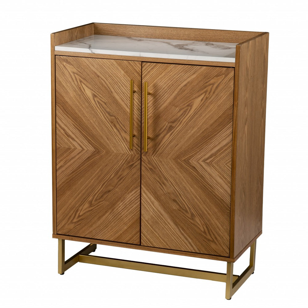 Homeroots Retro Gold Natural And Faux Marble Wine Cabinet  Eng Wood,Oak ,Birch ,Pine,Paper Veneer,Iron 401689