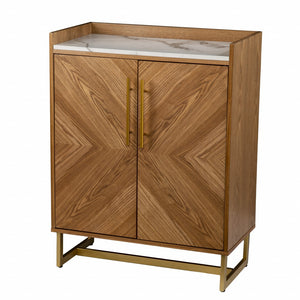 Homeroots Retro Gold Natural And Faux Marble Wine Cabinet  Eng Wood,Oak ,Birch ,Pine,Paper Veneer,Iron 401689