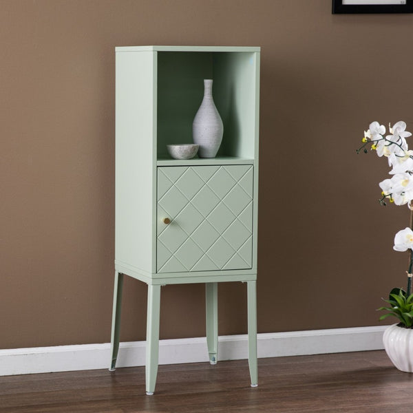 HomeRoots Pale Green Crosshatch Storage Cabinet - Stylish Tall Organizer with Gold Pull for Small Spaces 401690