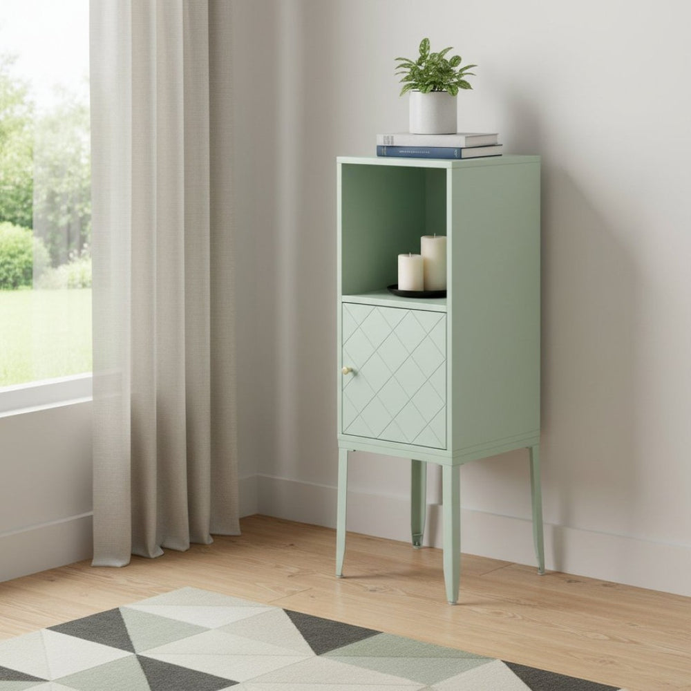 HomeRoots Pale Green Crosshatch Storage Cabinet - Stylish Tall Organizer with Gold Pull for Small Spaces 401690