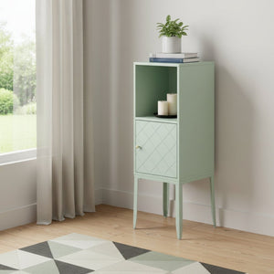 HomeRoots Pale Green Crosshatch Storage Cabinet - Stylish Tall Organizer with Gold Pull for Small Spaces 401690