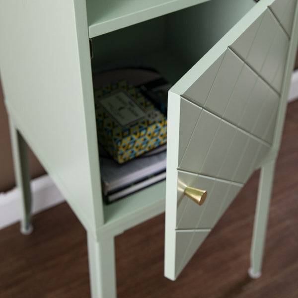 HomeRoots Pale Green Crosshatch Storage Cabinet - Stylish Tall Organizer with Gold Pull for Small Spaces 401690