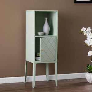HomeRoots Pale Green Crosshatch Storage Cabinet - Stylish Tall Organizer with Gold Pull for Small Spaces 401690