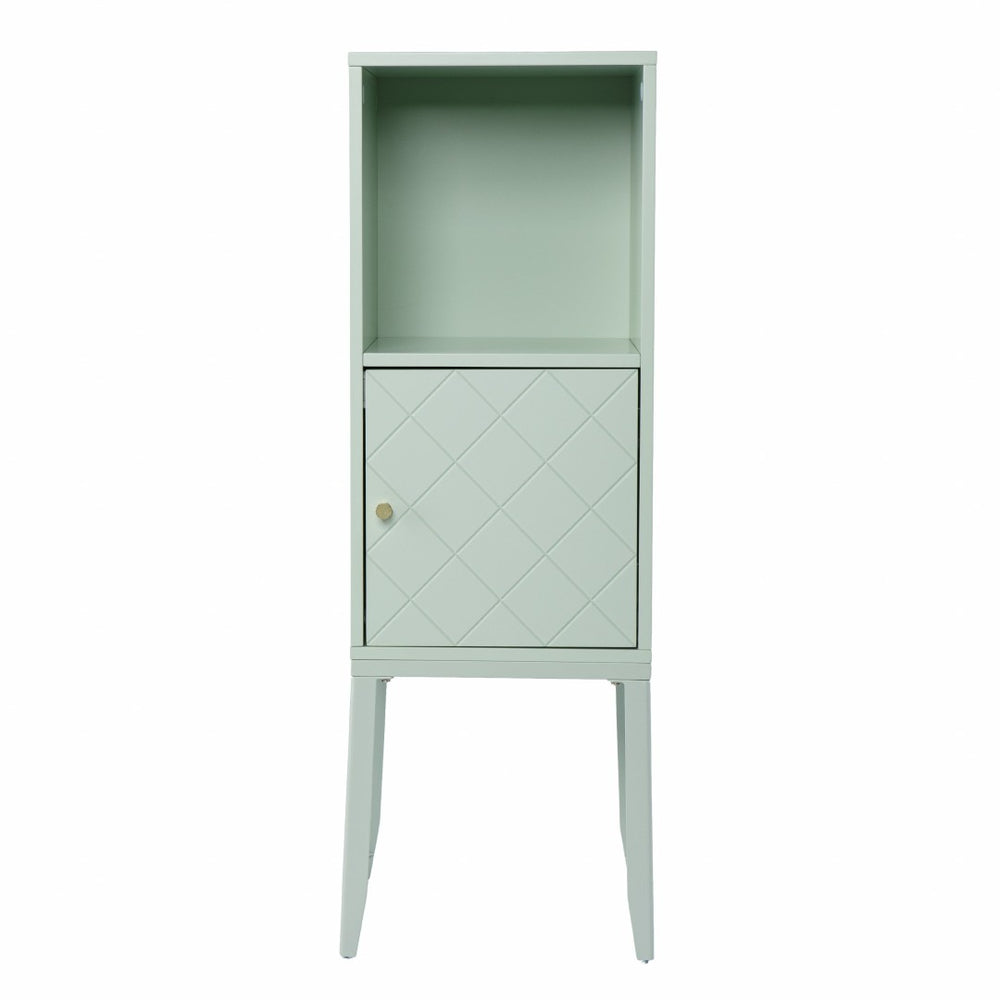 HomeRoots Pale Green Crosshatch Storage Cabinet - Stylish Tall Organizer with Gold Pull for Small Spaces 401690