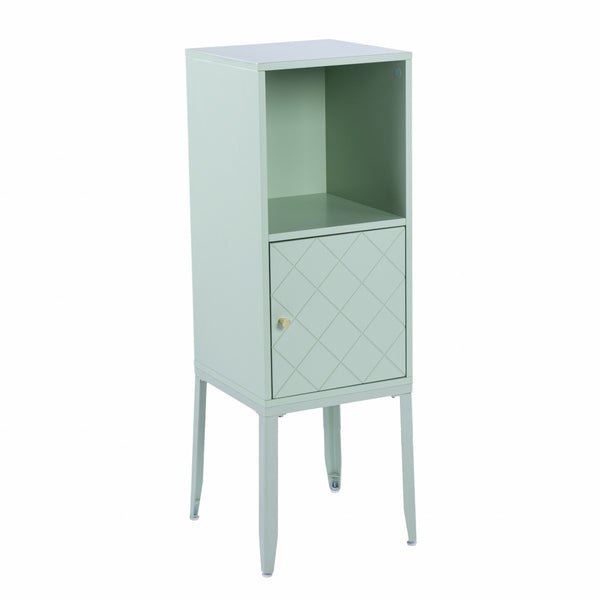 HomeRoots Pale Green Crosshatch Storage Cabinet - Stylish Tall Organizer with Gold Pull for Small Spaces 401690