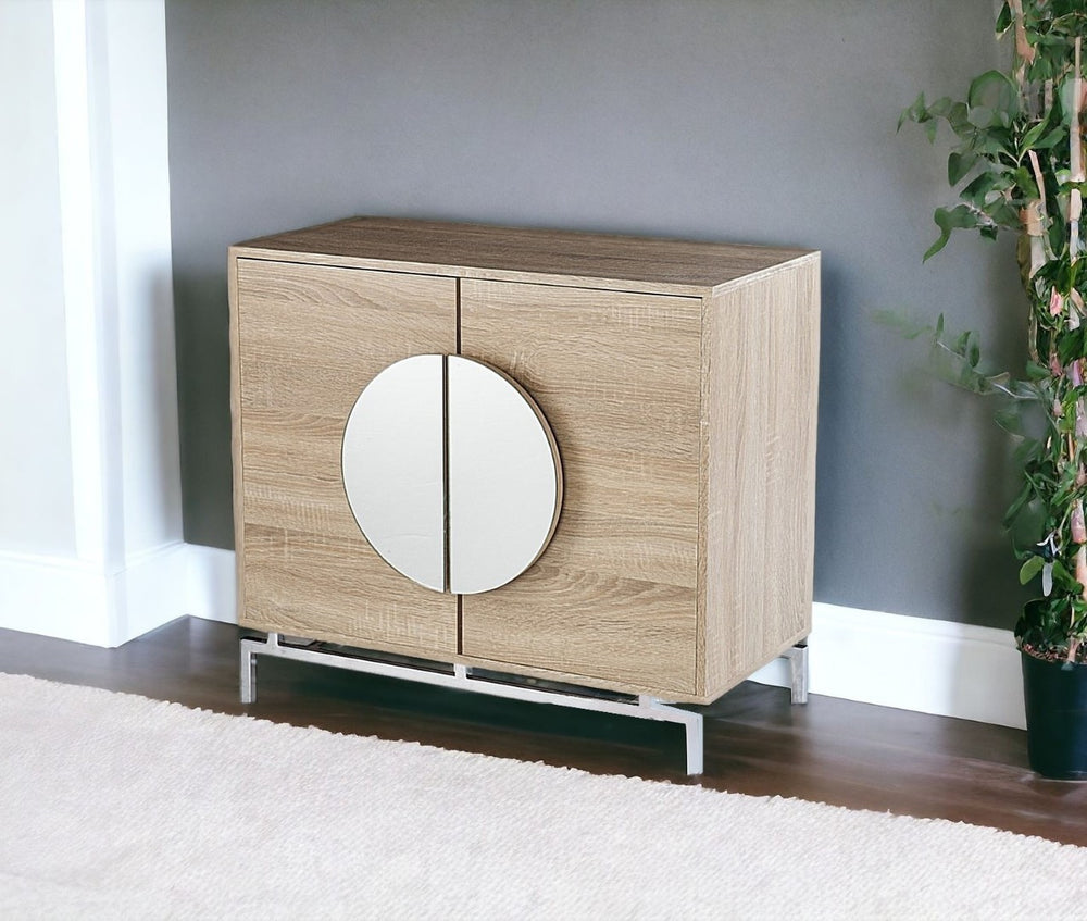 HomeRoots 32" Glamorous Mirrored Bar Cabinet with Chrome Accents - Stylish Storage for Wine & Glassware 401695