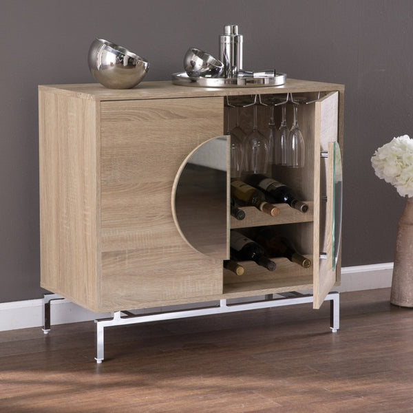HomeRoots 32" Glamorous Mirrored Bar Cabinet with Chrome Accents - Stylish Storage for Wine & Glassware 401695