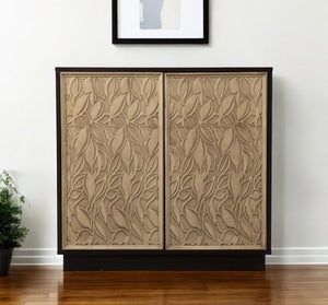 HomeRoots 32" Dark Brown & Natural Carved Floral Sideboard - Stylish Storage for Dining, Living & Offices 401696