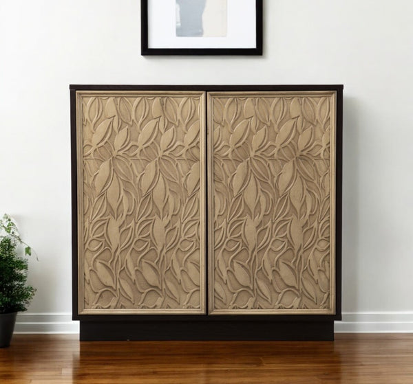 HomeRoots 32" Dark Brown & Natural Carved Floral Sideboard - Stylish Storage for Dining, Living & Offices 401696