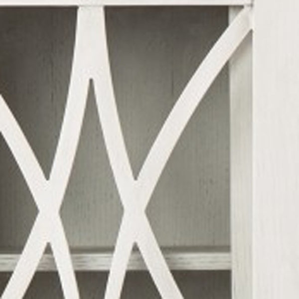 HomeRoots 28" Elegant White Accent Cabinet with Eight Shelves, Lattice Scrollwork, and Sliding Doors for Storage 401697