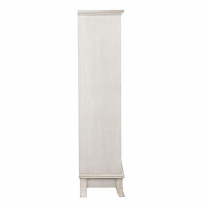 HomeRoots 28" Elegant White Accent Cabinet with Eight Shelves, Lattice Scrollwork, and Sliding Doors for Storage 401697