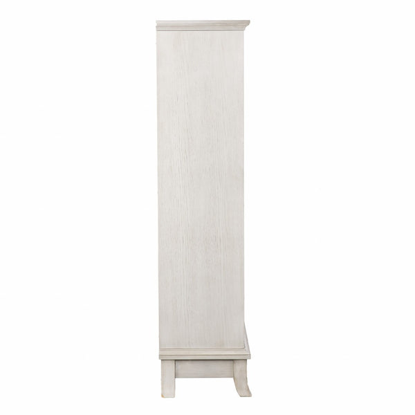 HomeRoots 28" Elegant White Accent Cabinet with Eight Shelves, Lattice Scrollwork, and Sliding Doors for Storage 401697