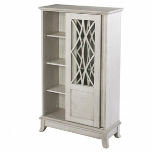 HomeRoots 28" Elegant White Accent Cabinet with Eight Shelves, Lattice Scrollwork, and Sliding Doors for Storage 401697