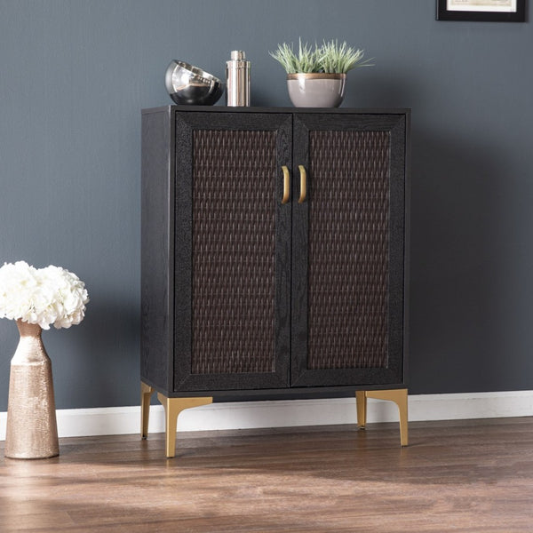 HomeRoots Modern Rustic Bar Cabinet with Faux Rattan, Gold Accents & Ample Storage for Stylish Home Decor 401699