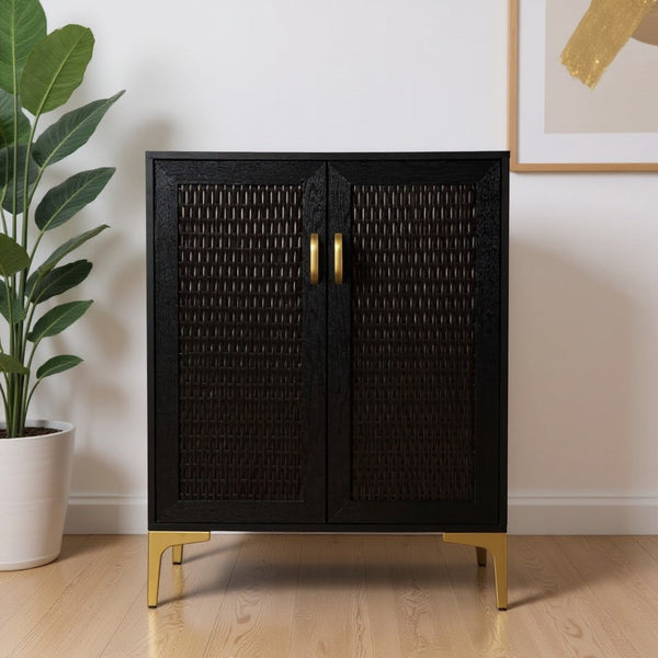 HomeRoots Modern Rustic Bar Cabinet with Faux Rattan, Gold Accents & Ample Storage for Stylish Home Decor 401699