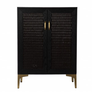 HomeRoots Modern Rustic Bar Cabinet with Faux Rattan, Gold Accents & Ample Storage for Stylish Home Decor 401699