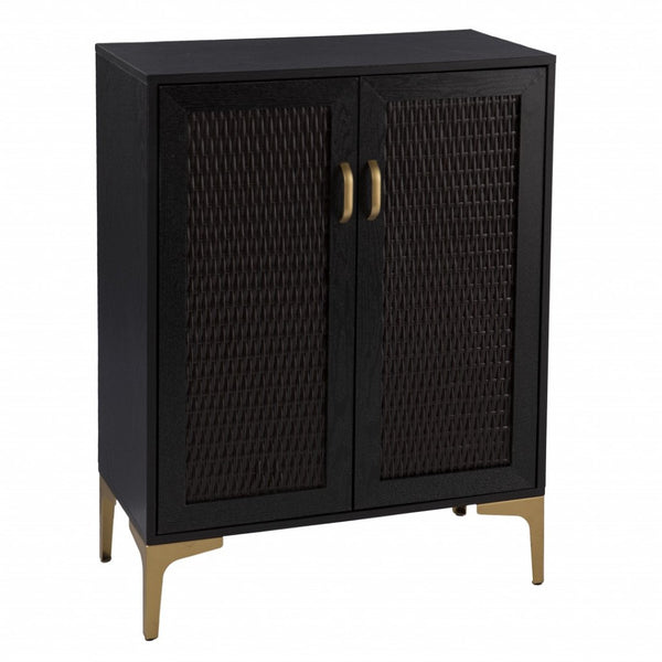 HomeRoots Modern Rustic Bar Cabinet with Faux Rattan, Gold Accents & Ample Storage for Stylish Home Decor 401699