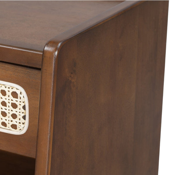 English Elm Black Rattan Panel Nightstand with Open Shelf Drawer Mdf Modern Bedroom Storage N770P374577D