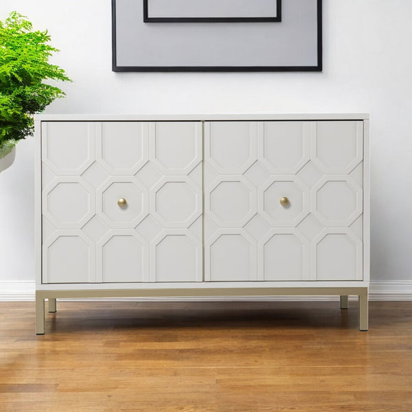 HomeRoots 40" Stylish White Carved Geometric Sideboard with Gold Accents for Chic Storage & Organization 401700