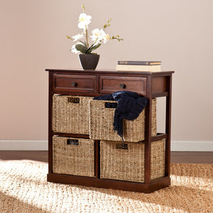 Homeroots Mahogany And Seagrass Basket Storage Shelving Unit  Acacia Wood,Mdf,Acacia Veneer,Seagrass,Metal 401703