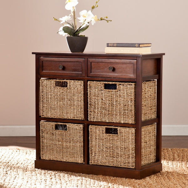 Homeroots Mahogany And Seagrass Basket Storage Shelving Unit  Acacia Wood,Mdf,Acacia Veneer,Seagrass,Metal 401703