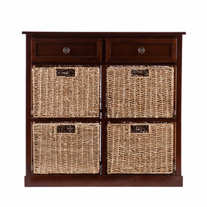 Homeroots Mahogany And Seagrass Basket Storage Shelving Unit  Acacia Wood,Mdf,Acacia Veneer,Seagrass,Metal 401703