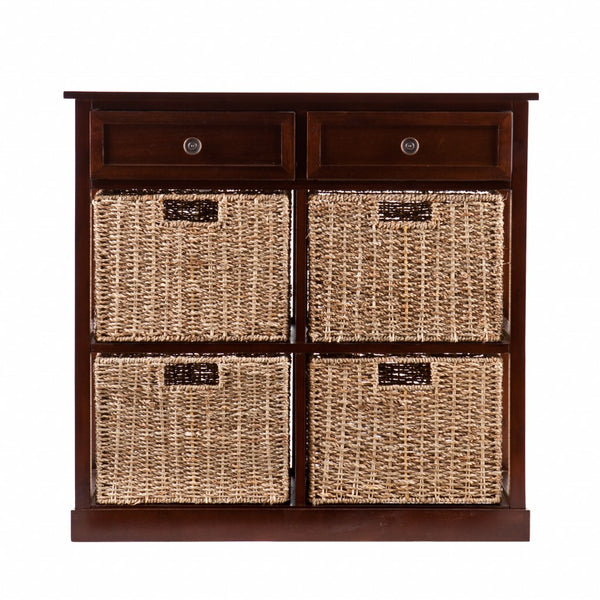 Homeroots Mahogany And Seagrass Basket Storage Shelving Unit  Acacia Wood,Mdf,Acacia Veneer,Seagrass,Metal 401703