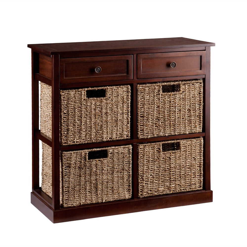 HomeRoots Mahogany Storage Shelving Unit with Seagrass Baskets - Stylish Organization for Every Room! 401703