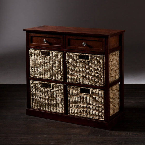 Homeroots Mahogany And Seagrass Basket Storage Shelving Unit  Acacia Wood,Mdf,Acacia Veneer,Seagrass,Metal 401703