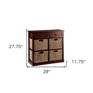 Homeroots Mahogany And Seagrass Basket Storage Shelving Unit  Acacia Wood,Mdf,Acacia Veneer,Seagrass,Metal 401703