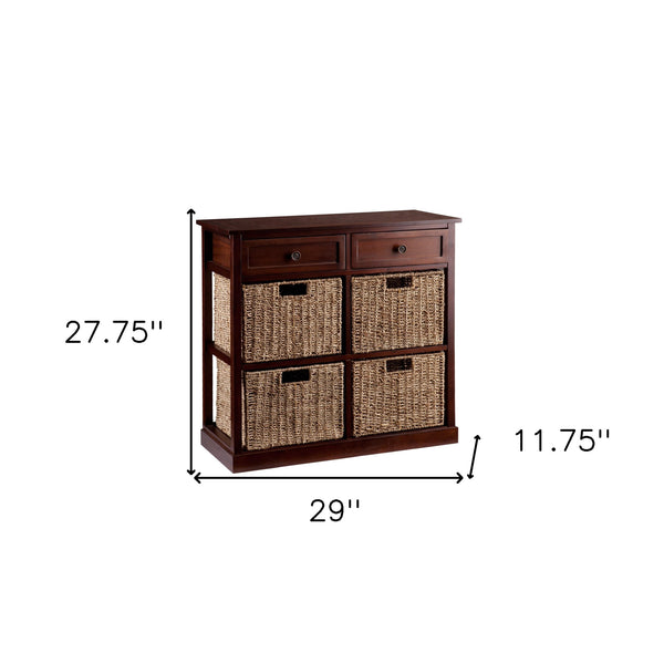 Homeroots Mahogany And Seagrass Basket Storage Shelving Unit  Acacia Wood,Mdf,Acacia Veneer,Seagrass,Metal 401703