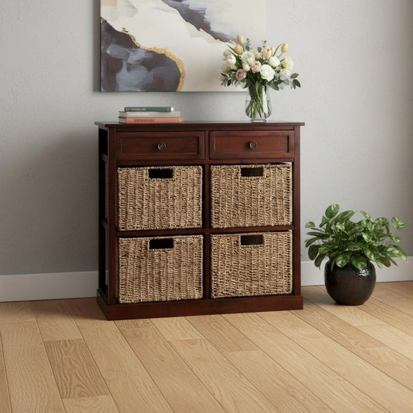 HomeRoots Mahogany Storage Shelving Unit with Seagrass Baskets - Stylish Organization for Every Room! 401703