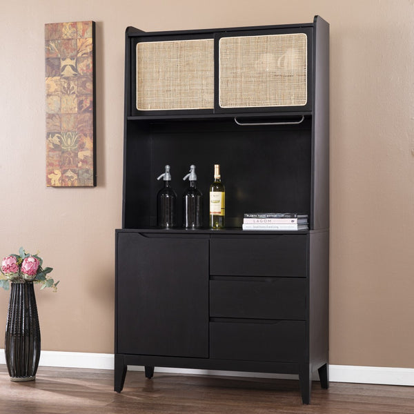 Homeroots Rustic Black And Light Bamboo Tall Buffet Cabinet  Eng Wood,Birch Veneer,Rattan,Poplar 401704