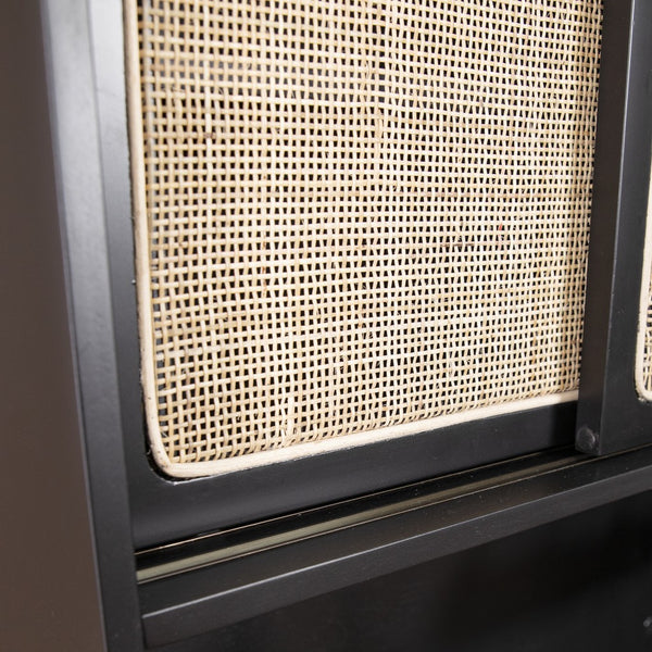 Homeroots Rustic Black And Light Bamboo Tall Buffet Cabinet  Eng Wood,Birch Veneer,Rattan,Poplar 401704