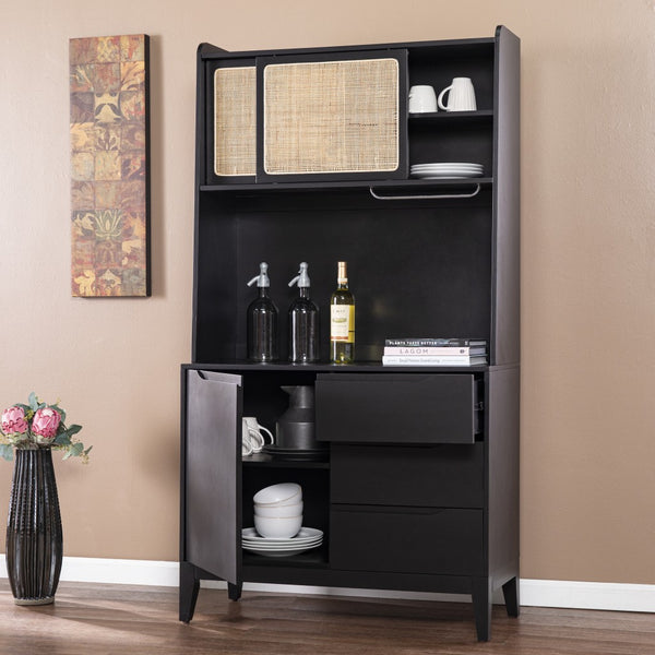Homeroots Rustic Black And Light Bamboo Tall Buffet Cabinet  Eng Wood,Birch Veneer,Rattan,Poplar 401704