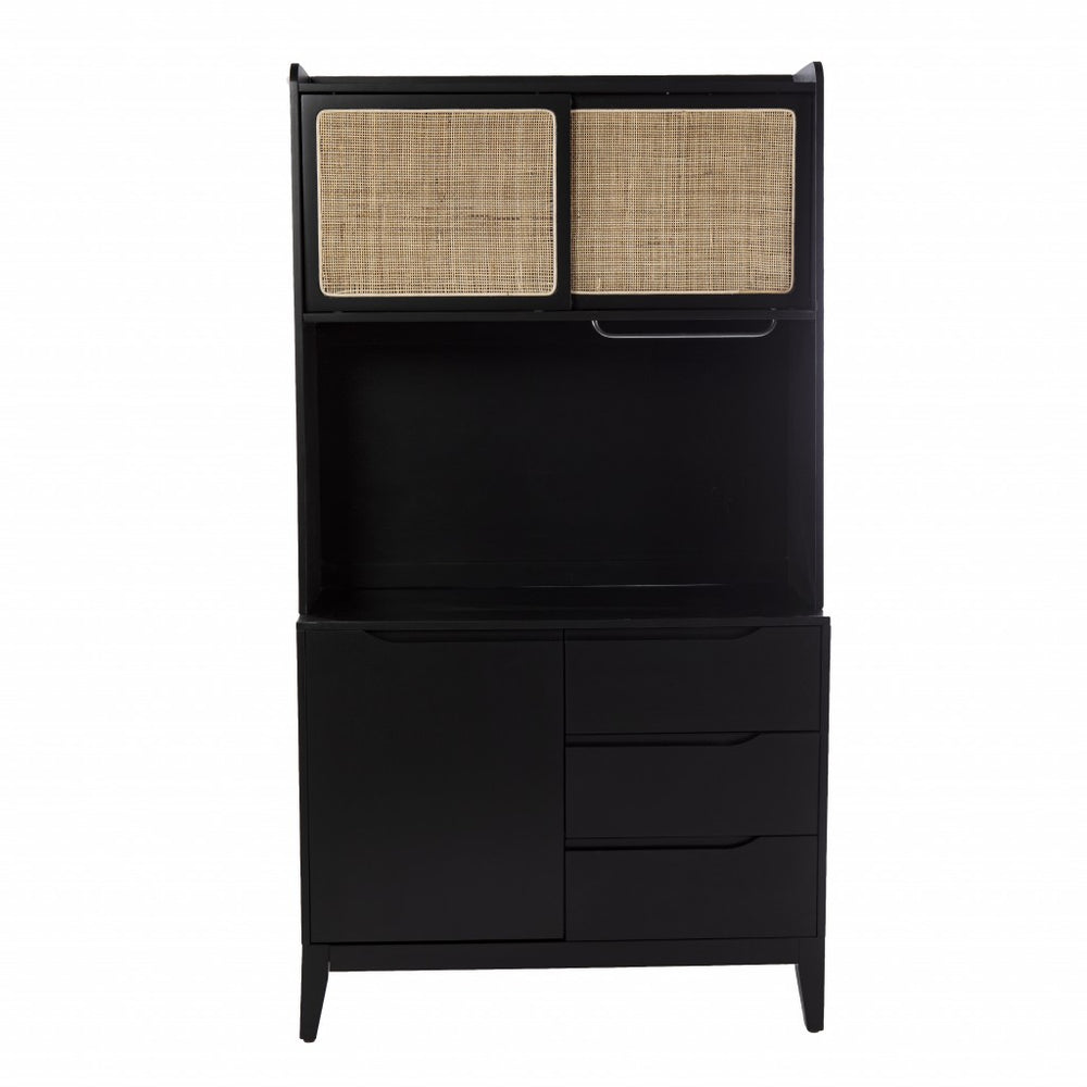 Homeroots Rustic Black And Light Bamboo Tall Buffet Cabinet  Eng Wood,Birch Veneer,Rattan,Poplar 401704