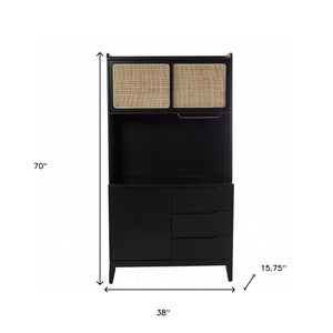 Homeroots Rustic Black And Light Bamboo Tall Buffet Cabinet  Eng Wood,Birch Veneer,Rattan,Poplar 401704