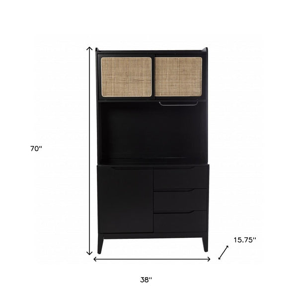 Homeroots Rustic Black And Light Bamboo Tall Buffet Cabinet  Eng Wood,Birch Veneer,Rattan,Poplar 401704