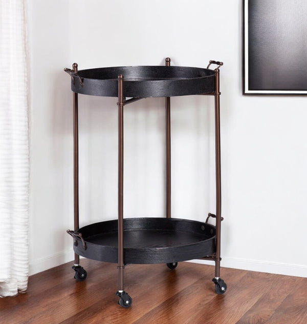 HomeRoots 21" Stylish Black & Bronze Rolling Bar Cart - Elegant Two-Tier Design for Home Décor & Serving Needs 401706