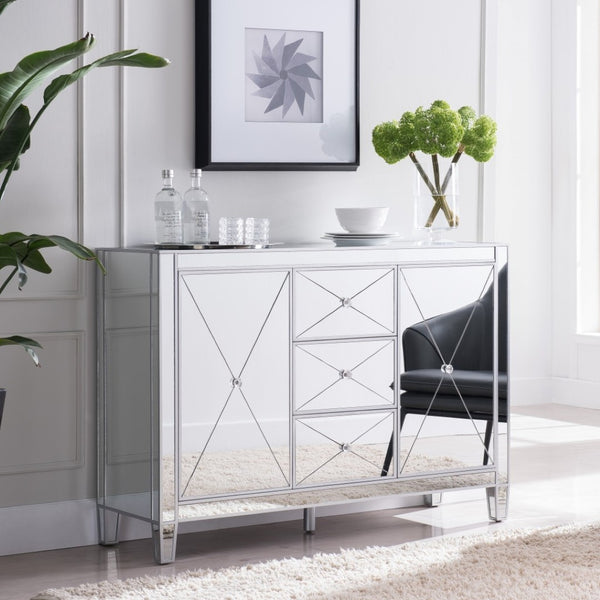 HomeRoots 50" Silver Wood and Glass Credenza - Chic Storage Solution with Three Drawers & Two Doors for Style! 401707