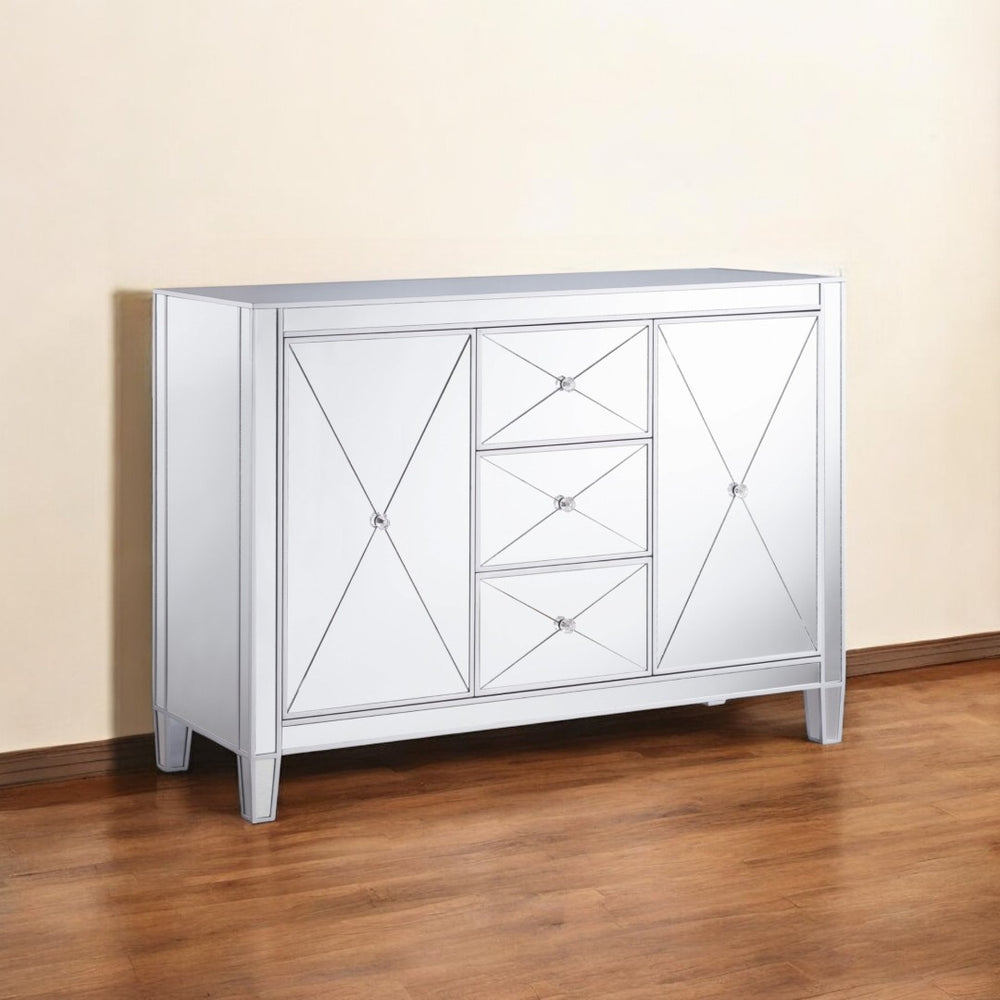 HomeRoots 50" Silver Wood and Glass Credenza - Chic Storage Solution with Three Drawers & Two Doors for Style! 401707