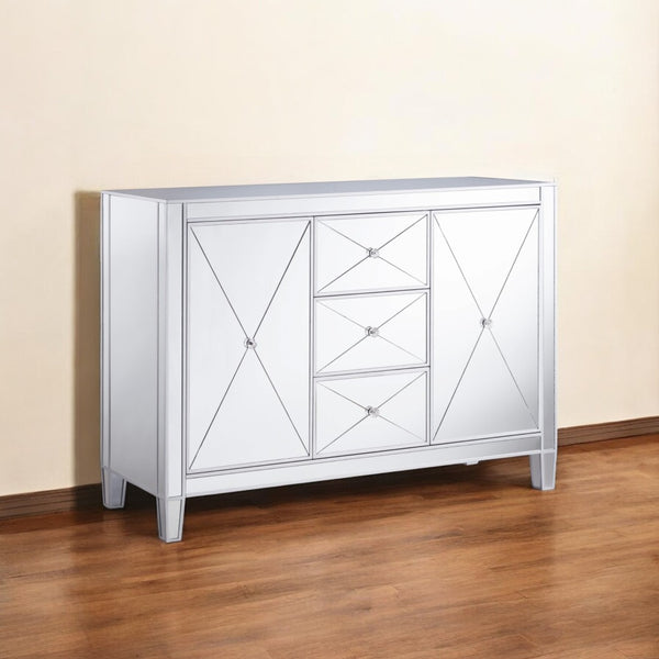 HomeRoots 50" Silver Wood and Glass Credenza - Chic Storage Solution with Three Drawers & Two Doors for Style! 401707
